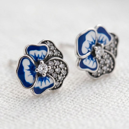 Pandora Blue Pansy Necklace and Earrings Set new, silver 925