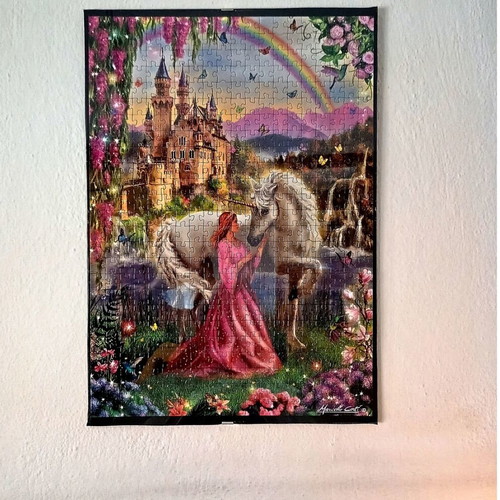 Framed Fairy and Unicorn artwork like new, 35x50cm with framed puzzle