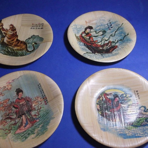 Bamboo coasters used, set of 6, hand-painted vintage from Taiwan