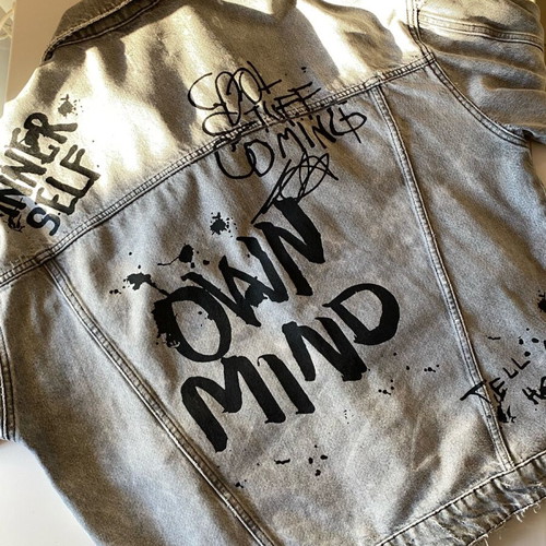 Bershka Denim Jacket size M new, grey washed with graffiti details