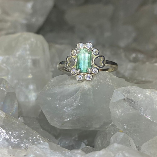 Silver ring with natural green tourmaline and moissanite, new