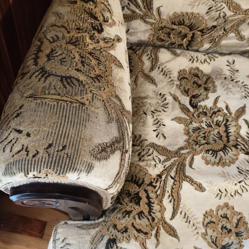 Armchair used, wooden frame vintage style with jacquard fabric