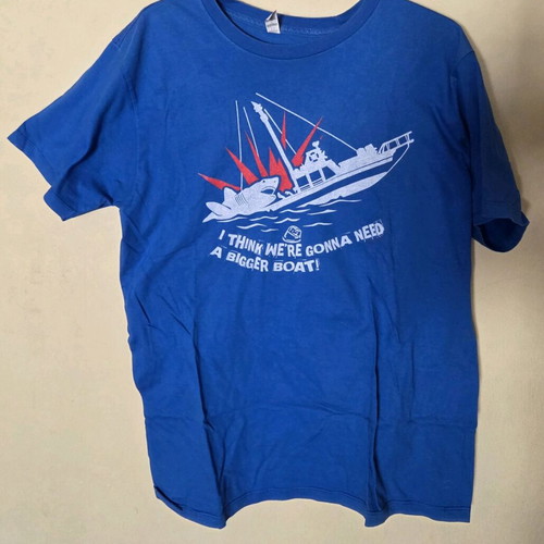Jaws t-shirt used, blue, size M with classic movie phrase