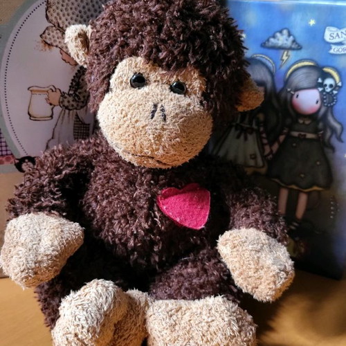 Russ kisses stuffed monkey used brown with heart