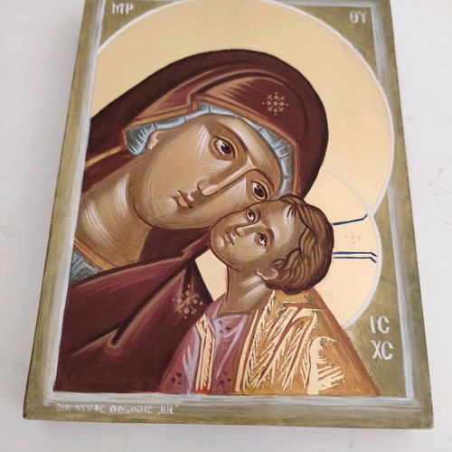 Icon of Virgin Mary with Baby Jesus new, handmade painting 20x15 cm