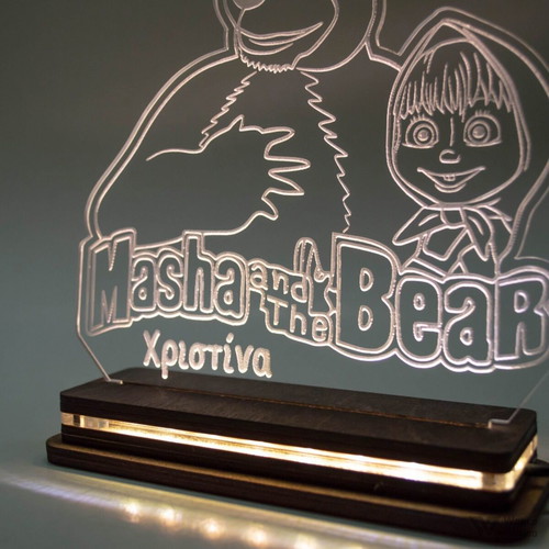 Masha and the Bear LED lamp handmade with wooden base and plexiglass new