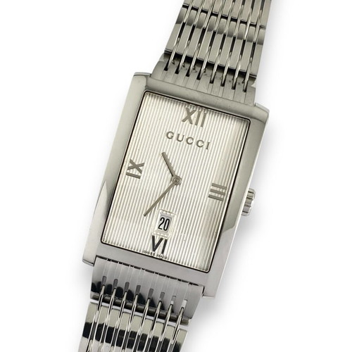 Gucci Logo Rectangular Stainless Steel Bracelet Date Roman Quartz Swiss 8600 M Wrist Watch like new