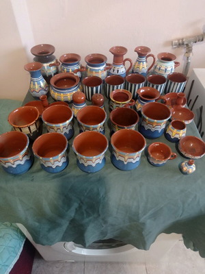 Handmade ceramic vessels used, set of 32, sea blue