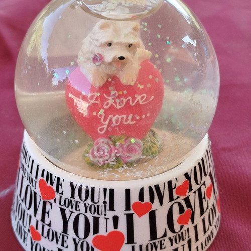 Glass ball dog new with flowers and ilove you logo