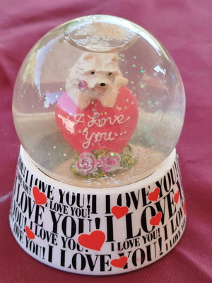Glass ball dog new with flowers and ilove you logo