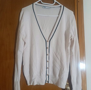 Zara Ζακέτα Μπεζ με Blue Navy Ρίγα και Χρυσά Κουμπιά