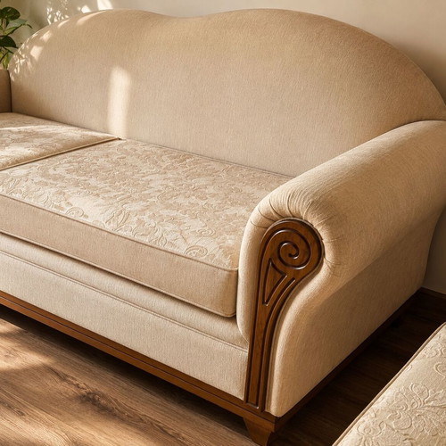 Three-seater sofa like new, beige with wooden details