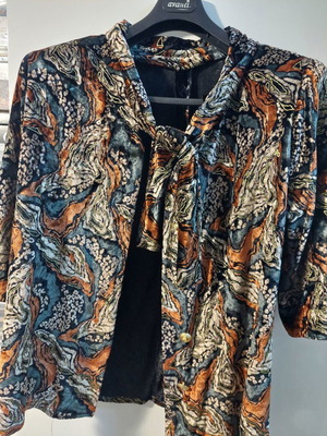 Velvet jersey blouse 2XL used, multicolor with collar ribbons