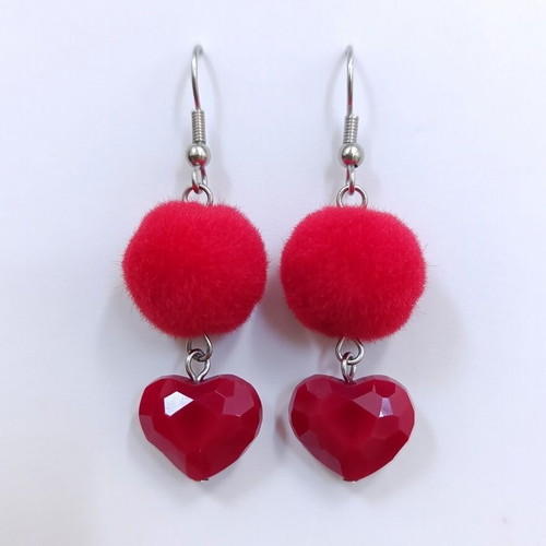 Velvet Heart Passion earrings new, red with velvet pom poms and crystal hearts