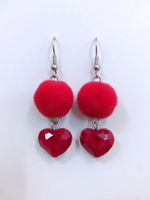Velvet Heart Passion earrings new, red with velvet pom poms and crystal hearts