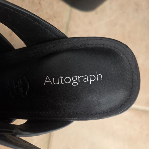 Autograph Black Leather Mules Block Heel Cross Strap Sandals