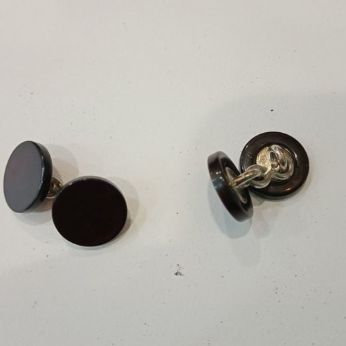 Cufflinks new black round plastic with deep burgundy hint