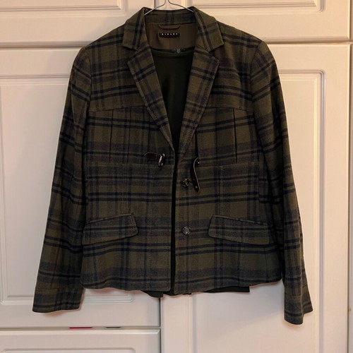 Sisley checked mid-length jacket used, olive and blue, wool