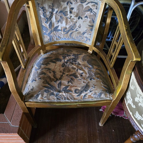 Handmade antique living room set with carved wood and fabric