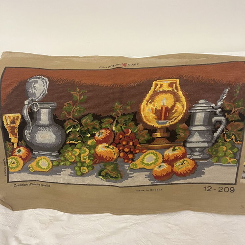 Gobelin textile painting like new, 73 x 40 cm, fruit and lamp design