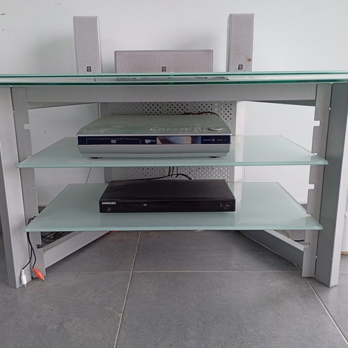 Glass TV Stand with Metal Frame and Rotating Base like new
