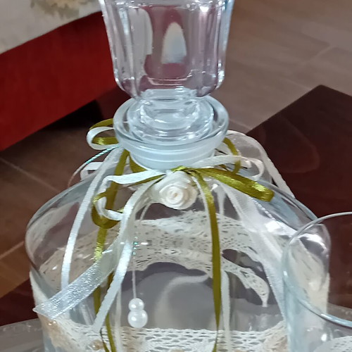 Crystal carafe with 2 decorated glasses for wedding crowning set like new