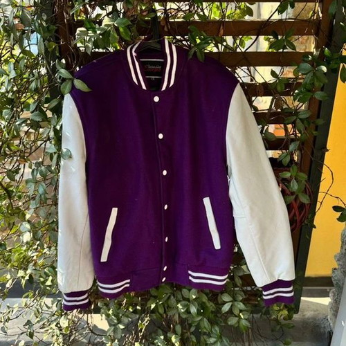 College bomber jacket new, white and purple, wool and leather sleeves