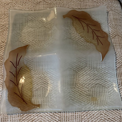 Fusing Glass square serving platter with autumn leaves
