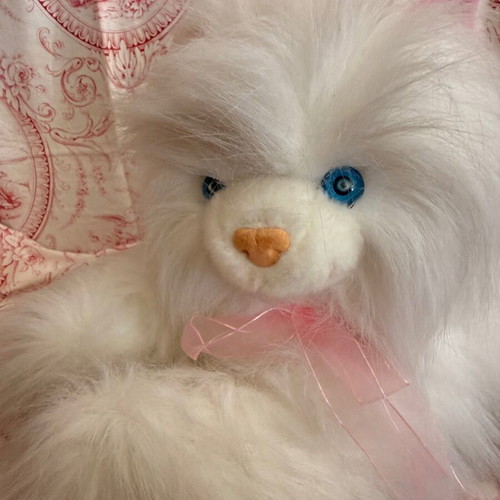 Vintage plush cat used, white with blue eyes, 45cm