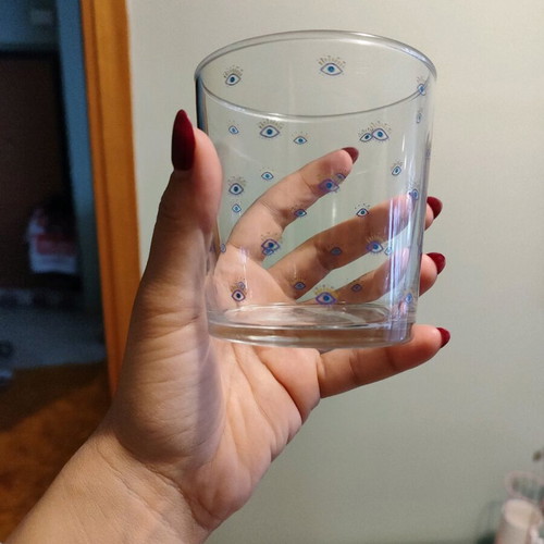 Glass mugs used, pack of 3 with eye design, transparent