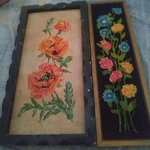 Vintage embroidered paintings used, set of 2 without glass