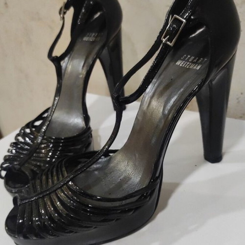Stuart Weitzman black patent leather high heel sandals