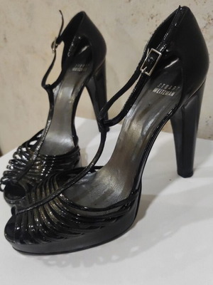 Stuart Weitzman black patent leather high heel sandals