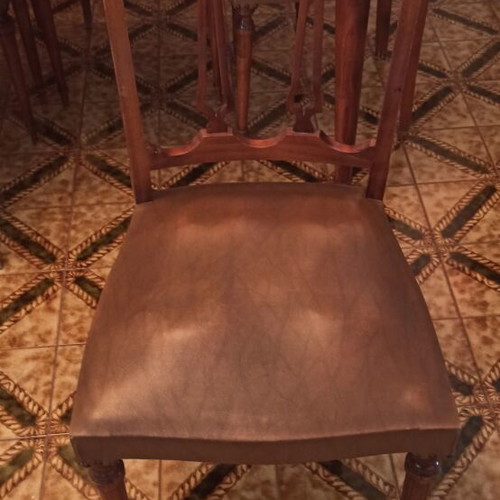 Wooden dining set with 6 chairs, marquetry design