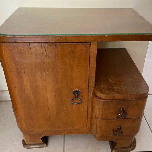Vintage wooden Art Deco nightstand used with cabinet and 2 drawers