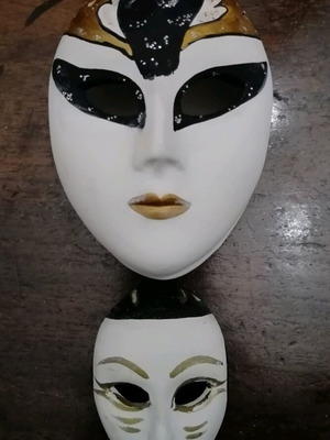 Ceramic faience masks used, handmade, set of 2 pieces