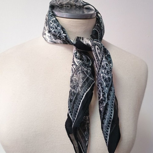 Silk square scarf used, black and white striped with elephants