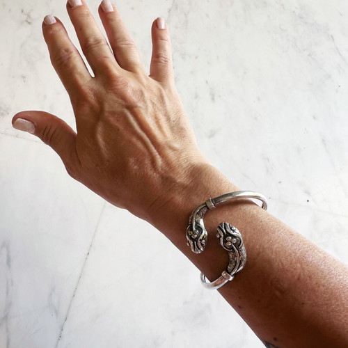 Silver bracelet vintage double snake heads 1960s used