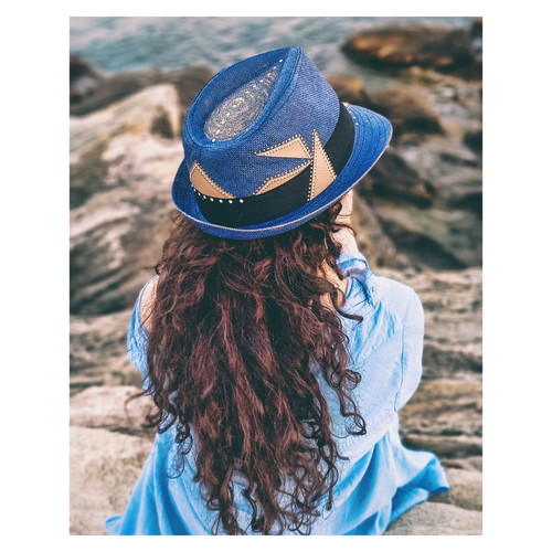 Straw Fedora Hat Painted Unisex New Blue