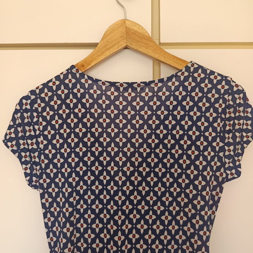 Navy Blue Geometric Print V-Neck Faux Wrap Dress like new