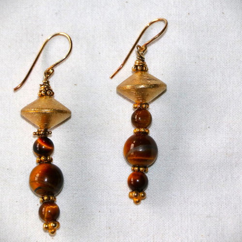 Gold earrings with tiger's eye and 22K gold-plated clasp new