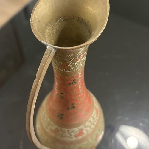 Vintage Hand Engraved Brass Vase with Colored Enamel from India like new
