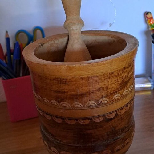 Mortar with pestle used, height 19 cm