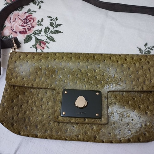 Luana Vintage Ostrich Print Shoulder Bag used, olive green