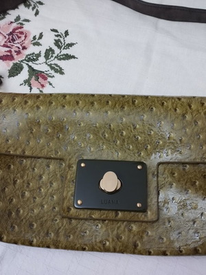 Luana Vintage Ostrich Print Shoulder Bag used, olive green