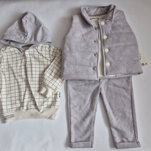 Cotton boy's set new 3-piece with hoodie blouse, pants and quilted vest