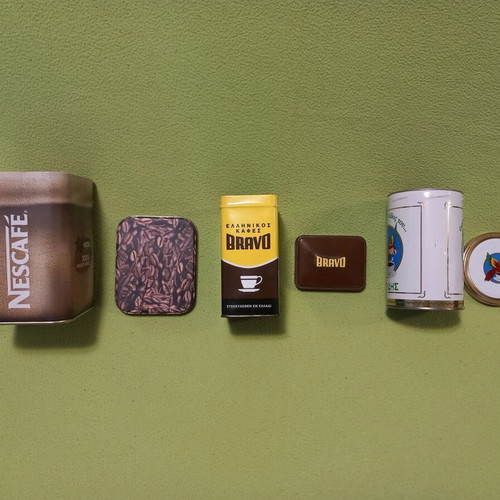 Collectible metal coffee tins Lumidis, Bravo, Nescafe, used set of 3