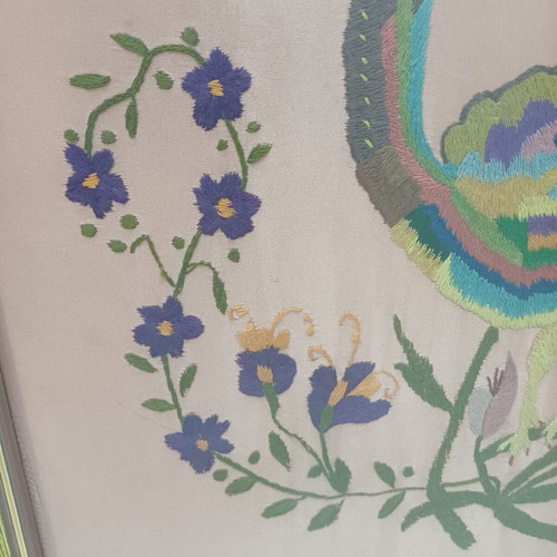 Asymmetrical embroidered paintings with peacocks used, set of two