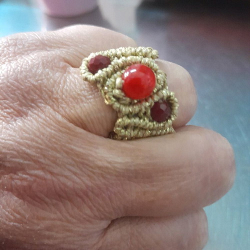 Macrame ring made to order with gold-colored thread and red stones