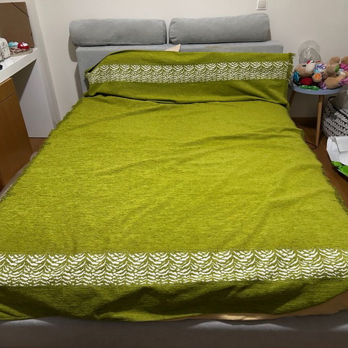 Double bed with 160cm mattress used, grey fabric, 2 decorative pillows
